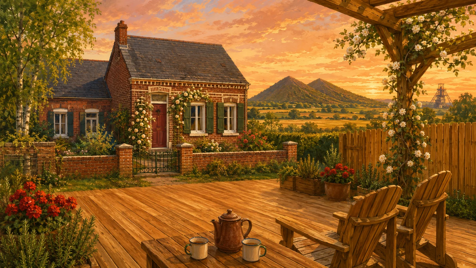 Illustration paysagère du dépôt avec terrasse en bois et clôture